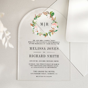 Pink Floral Magnolia Monogram Wedding Acrylic Invitations