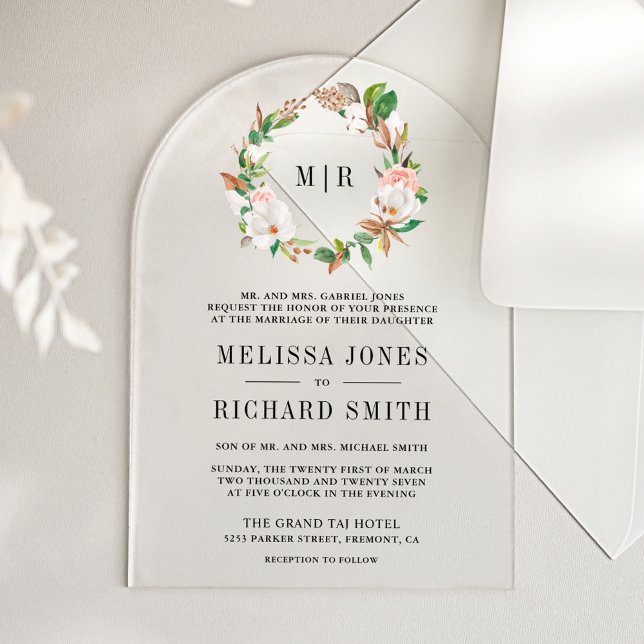 Pink Floral Magnolia Monogram Wedding   Acrylic Invitations (Creator Uploaded)