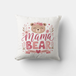 Pink Floral Mama Bear Botanical Illustration Throw Pillow