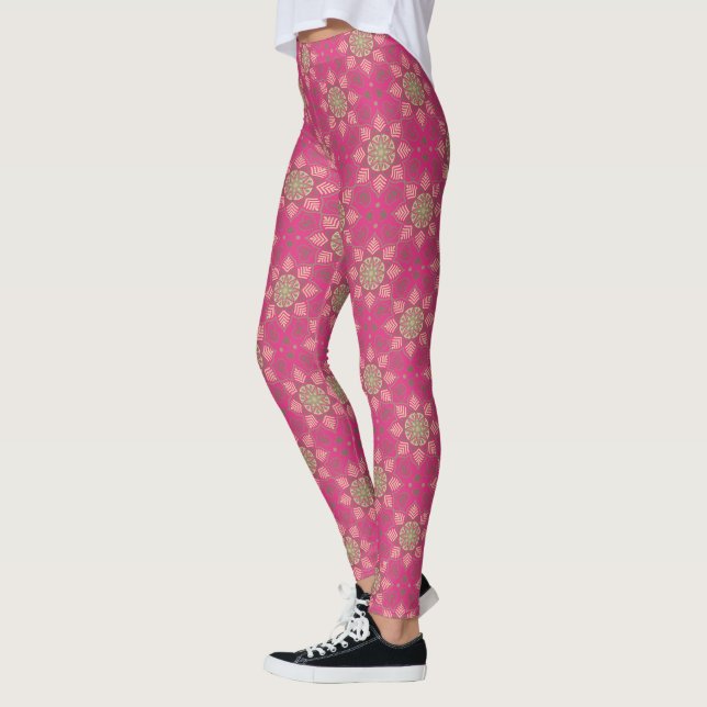 Pink Floral Mandala Circle Batik Pattern  Leggings (Left)