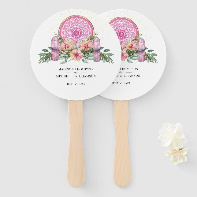 Pink Floral Mandala Crystals Metaphysical Wedding Hand Fan (Front and Back)