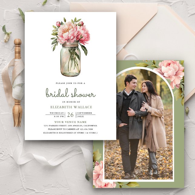 Pink Floral Mason Jar Photo Bridal Shower Invitation (Creator Uploaded)