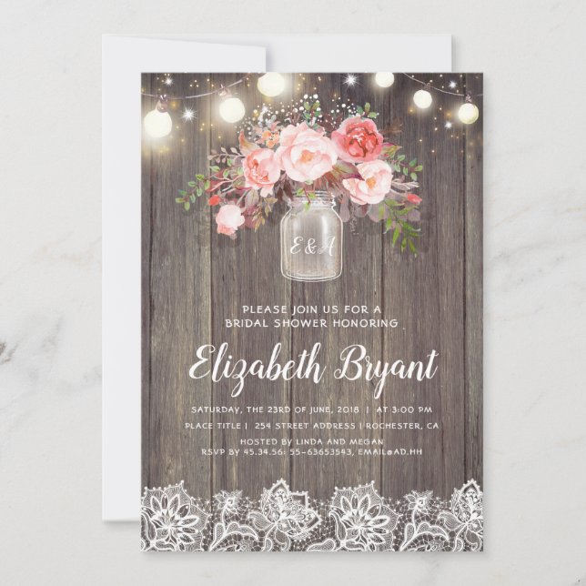 Pink Floral Mason Jar Rustic Lace Bridal Shower Invitation (Front)