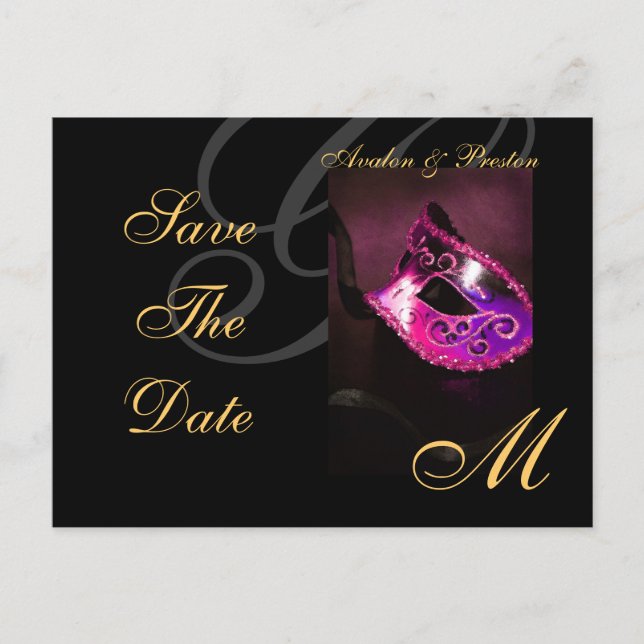 Pink Floral Masquerde Save The Date Postcard (Front)