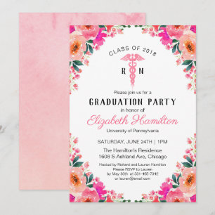 Pink Floral Medical Nursing School Graduation Invitation