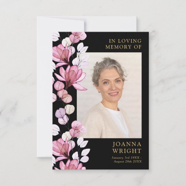 Pink Floral Memorial Funeral Prayer Photo Card (Front)