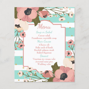 Pink Floral Menu Mint Blue Stripes Mariage