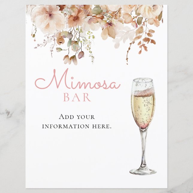 Pink Floral Mimosa Bar Champagne Menu Sign (Front)