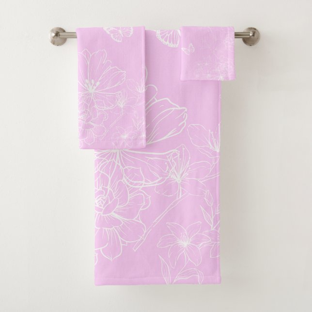 Pink Floral Minimalist Pattern Modern Abstract Bath Towel Set (Insitu)