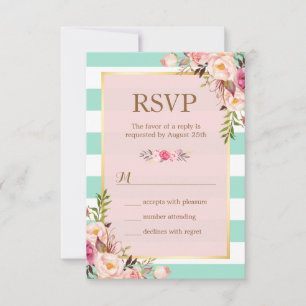 Pink Floral Mint Green White Stripes RSVP Card