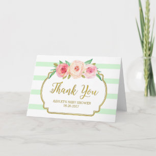 Pink Floral Mint Stripes Baby Shower Thank You Card