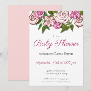 Pink Floral Modern Illustrated Girl Baby Shower Invitation