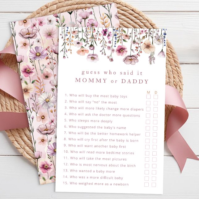 Pink Floral Mommy or Daddy Baby Shower Game – Dust (Guess Who - Baby Shower Activity)