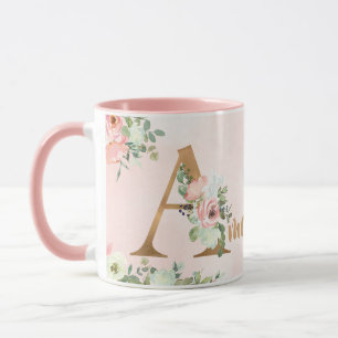 Pink floral monogram A watercolor with Name Mug