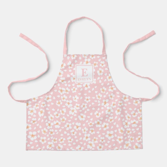 Pink Floral Monogram Apron for girls or mom (Front)