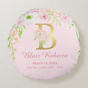 Pink Floral Monogram Baby Stats Round Pillow