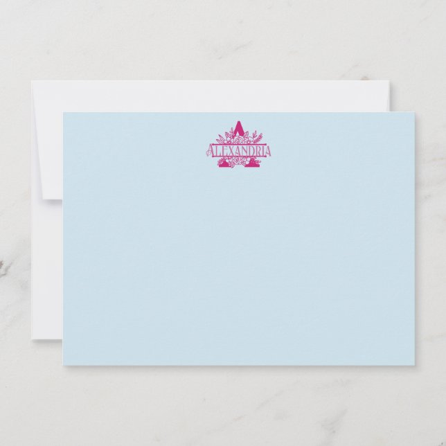 Pink Floral Monogram Custom Name Stationery Card (Back)