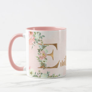 Pink floral monogram E watercolor with Name Mug