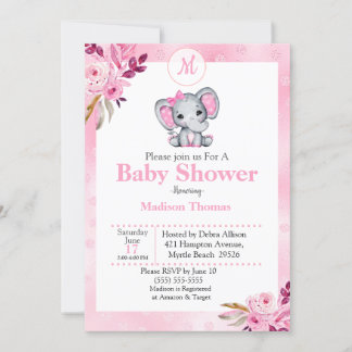 Pink Floral Monogram Elephant  Baby Shower Invitation