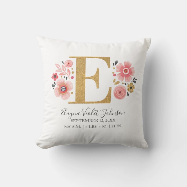 Pink Floral Monogram Initial Letter E Birth Stats Throw Pillow (Front)