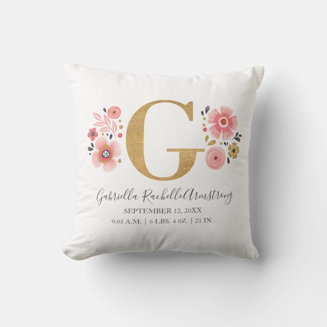 Pink Floral Monogram Initial Letter G Birth Stats Throw Pillow (Front)