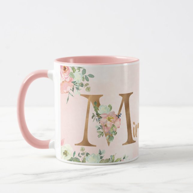 Pink floral monogram M watercolor with Name Mug (Left)