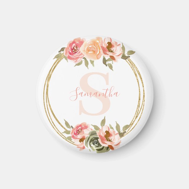 Pink Floral Monogram Name  Magnet (Front)