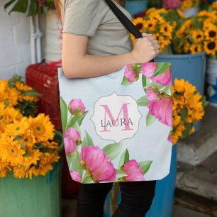 Pink Floral Monogram Name Personalized Tote Bag