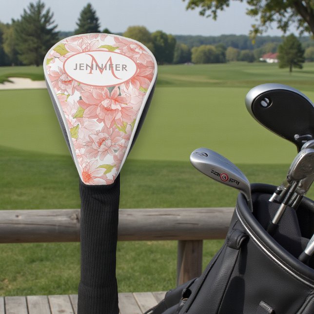 Pink Floral Monogram Personalized Name Golf Head Cover (Creator Uploaded)