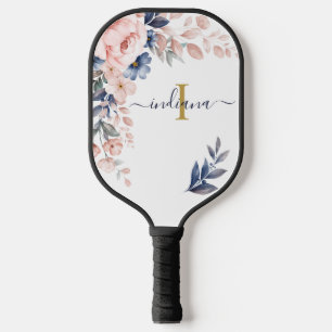 Pink Floral Monogram Script Name Feminine Pickleball Paddle