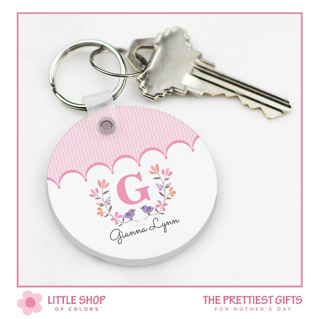 Pink Floral Monogram Stripes Keychain (Creator Uploaded)