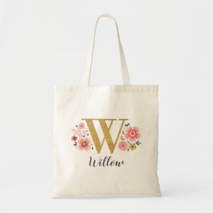 Pink Floral Monogram Tote Bag