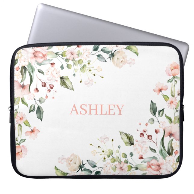 Pink Floral Monogram Watercolor Personalized Name Laptop Sleeve (Front)