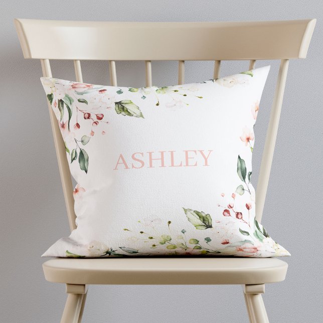 Pink Floral Monogram Watercolor Personalized Name Throw Pillow (Creator Uploaded)