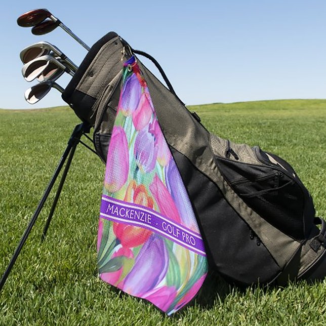 PINK FLORAL Monogram WHITE TEXT Golf Towel (Creator Uploaded)