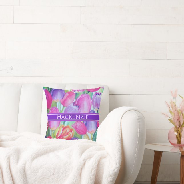 PINK FLORAL Monogram WHITE TEXT Throw Pillow (Couch)