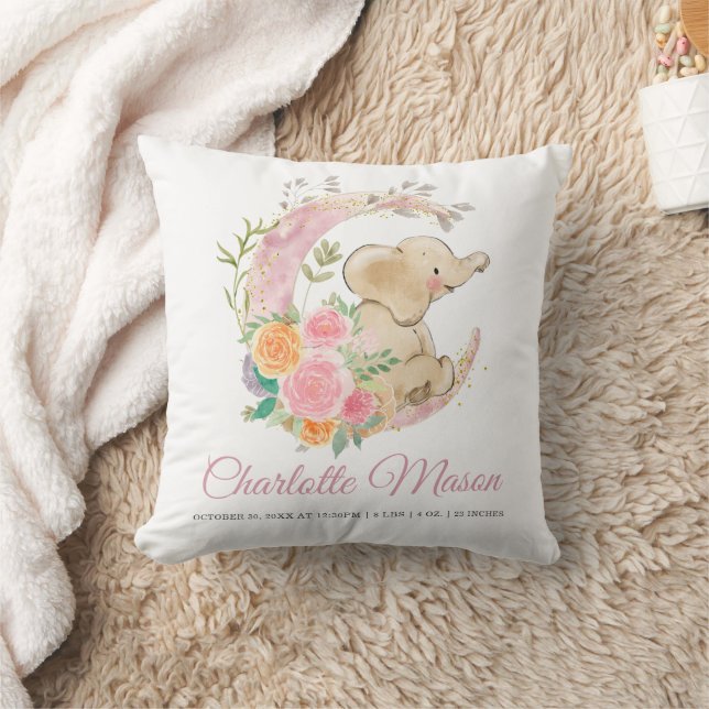 Pink Floral Moon Elephant Baby Girl Birth Stats Throw Pillow (Blanket)