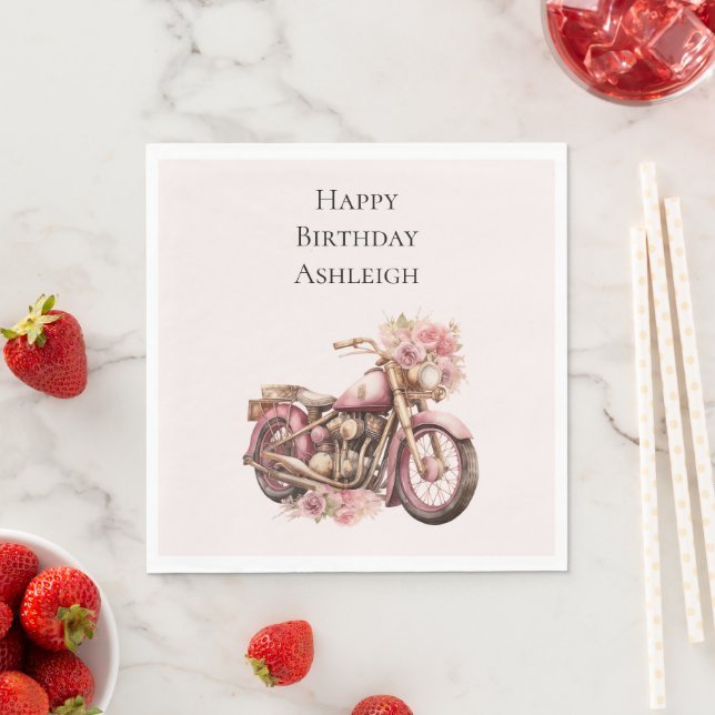 Pink Floral Motorcycle Birthday Napkin (Insitu)