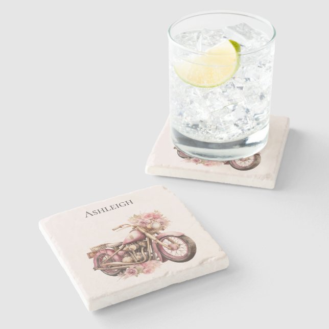 Pink Floral Motorcycle   Stone Coaster (Side)