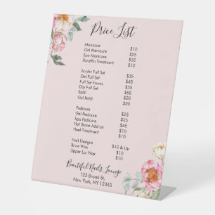 Pink Floral Nail Salon Price List Menu Pedestal  Sign