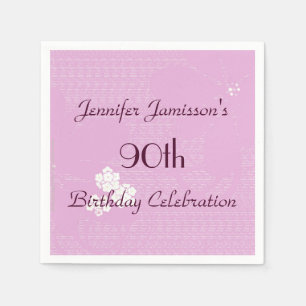 Pink Floral, Name Simple 90th Birthday Party Paper Napkin