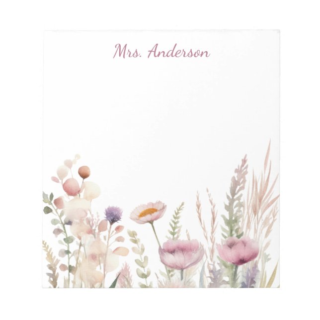 Pink Floral Name Teacher  Notepad (Front)
