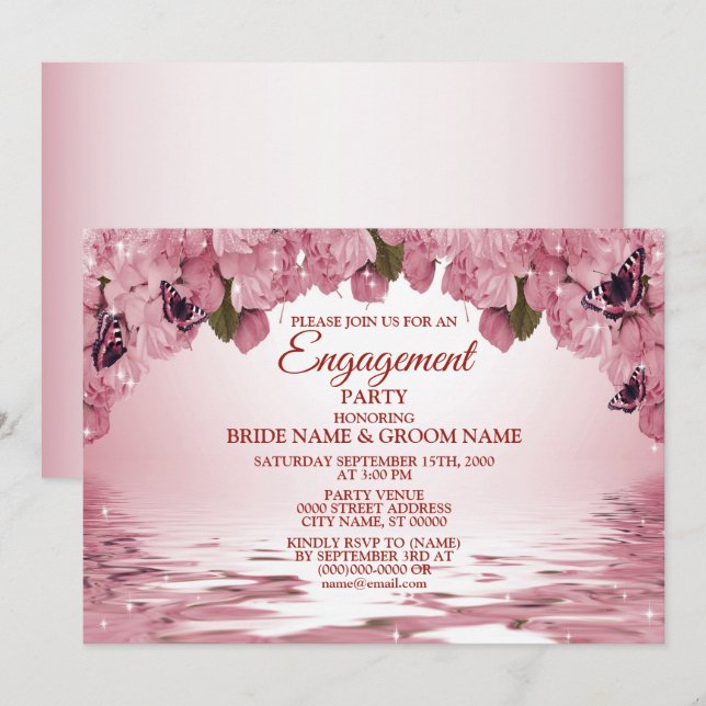 Pink Floral Nature Butterfly Engagement Party Invitation (Front/Back)