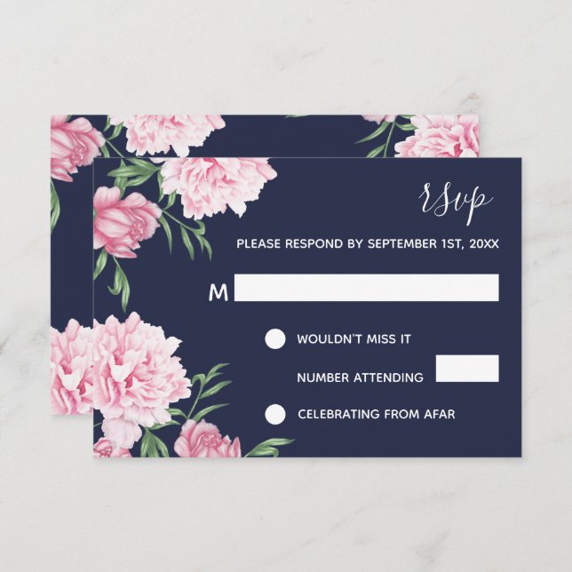 Pink Floral & Navy Background | RSVP Invitation (Front/Back)