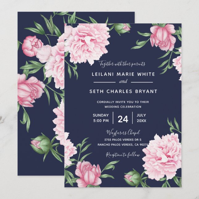 Pink Floral Navy Background Wedding Invitation (Front/Back)