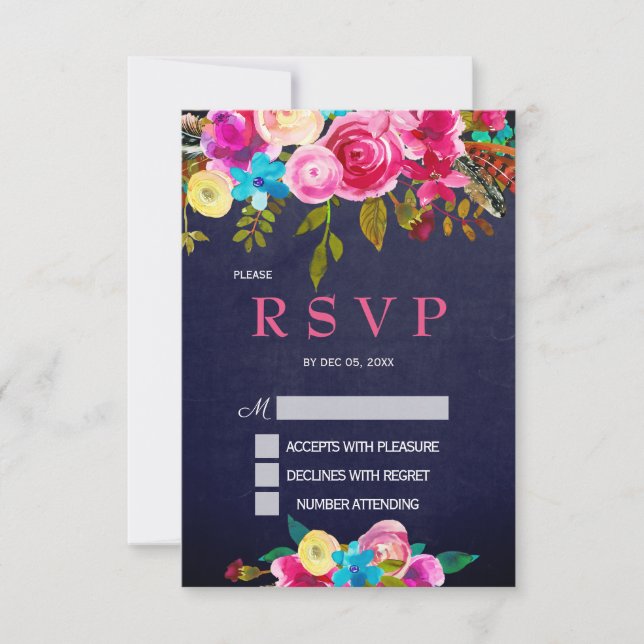 Pink Floral Navy Blue Chalkboard  RSVP card (Front)