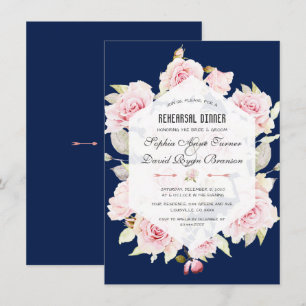 Pink Floral Navy Blue Geometric Rehearsal Dinner Invitation