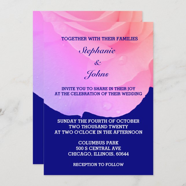 Pink Floral Navy Blue Rose QR Code Cool Wedding Invitation (Front/Back)