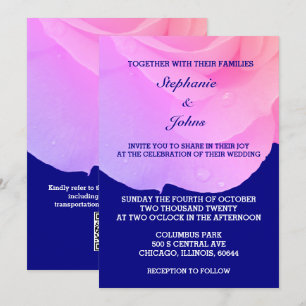 Pink Floral Navy Blue Rose QR Code Cool Wedding Invitation