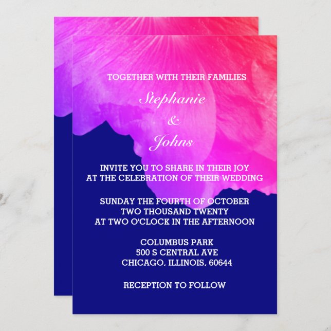 Pink Floral Navy Blue White Cute Unique Wedding Invitation (Front/Back)